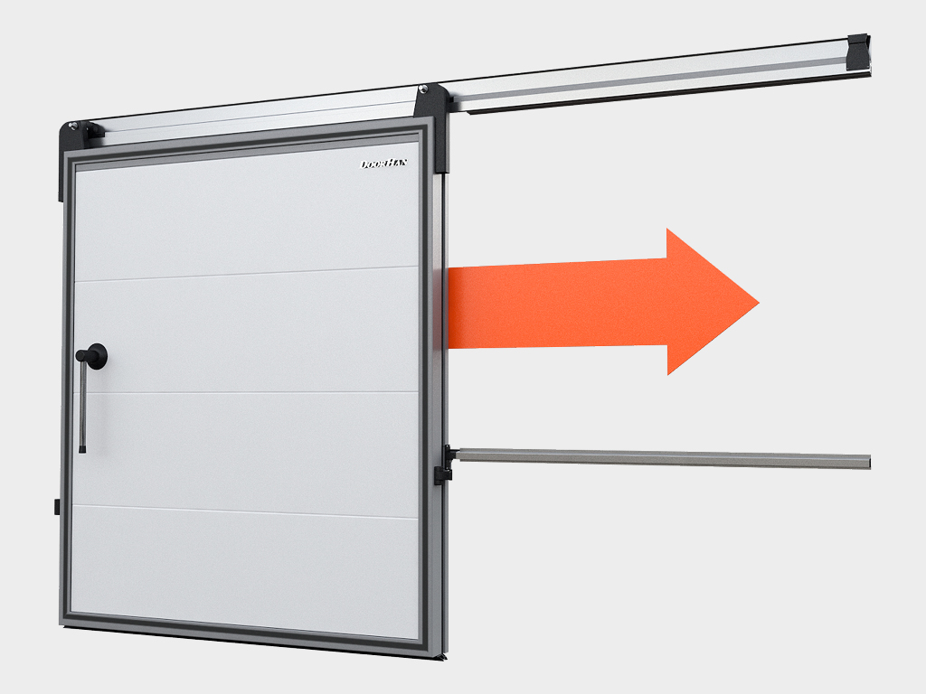 Накладной монтаж снаружи помещения с откатом полотна вправо.